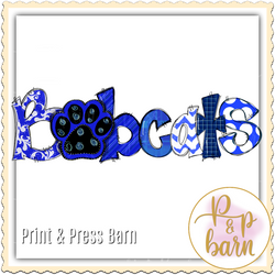 Bobcats Paw Word Art- Blue, black and White