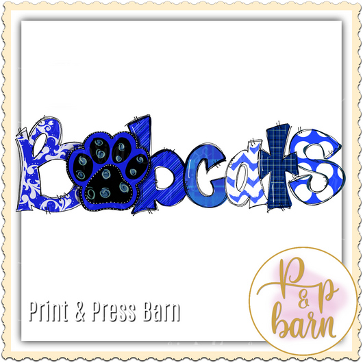 Bobcats Paw Word Art- Blue, Black and  White