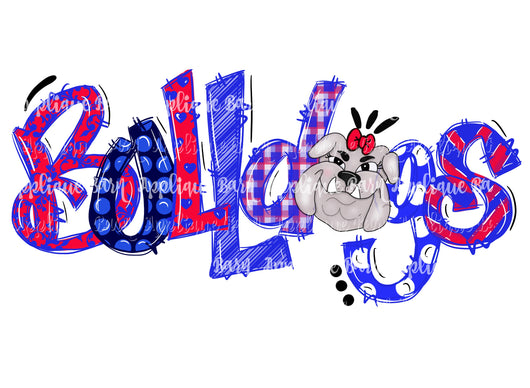 Bulldog Word Doodle- Red and Blue Girl
